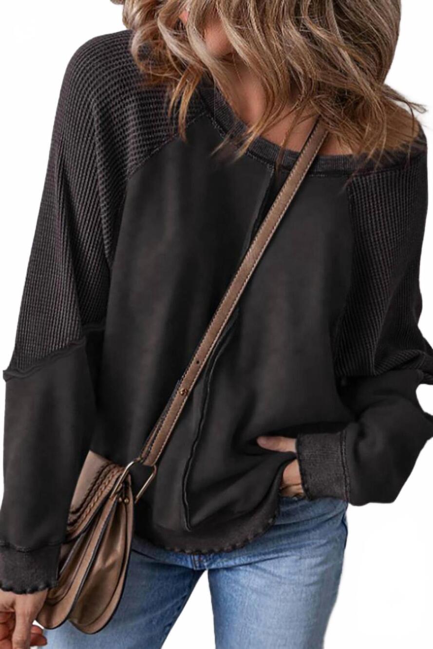 NEW LEGEND OR LIES solid waffle knit patchwork raglan sweatshirt in black